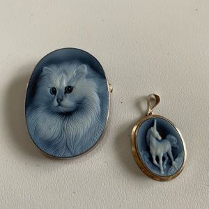 Sleek and Alluring Blue Agate Cat Cameo, Unicorn Italian Cameo Pendant